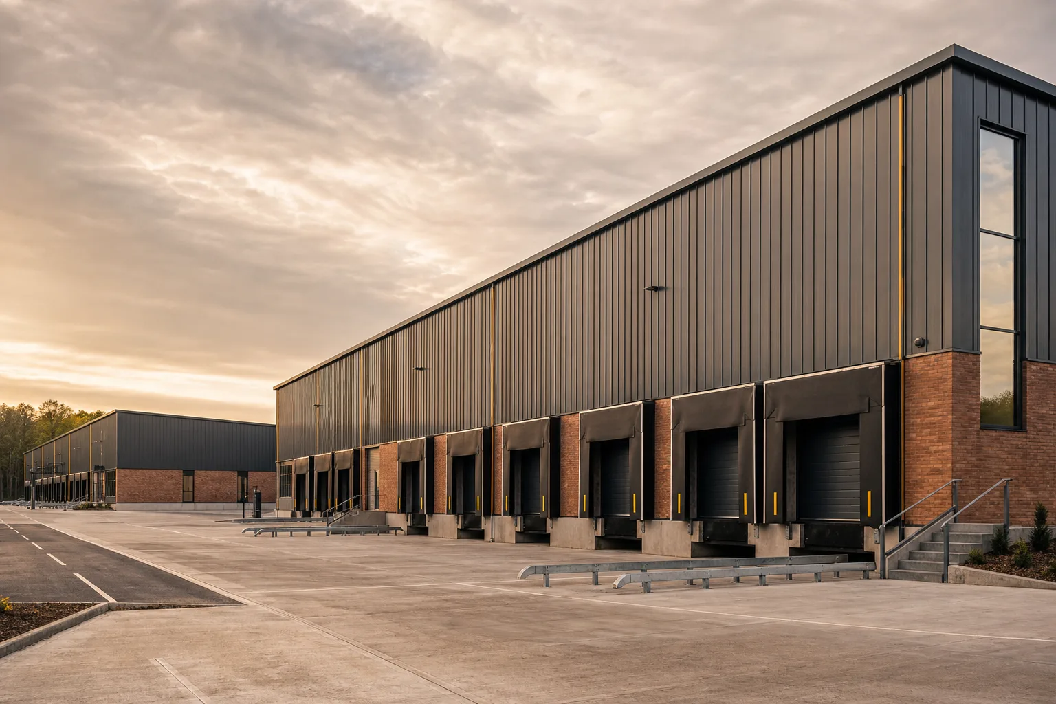 A modern distribution warehouse with loading doors and yard, a classic B8 storage and distribution unit
