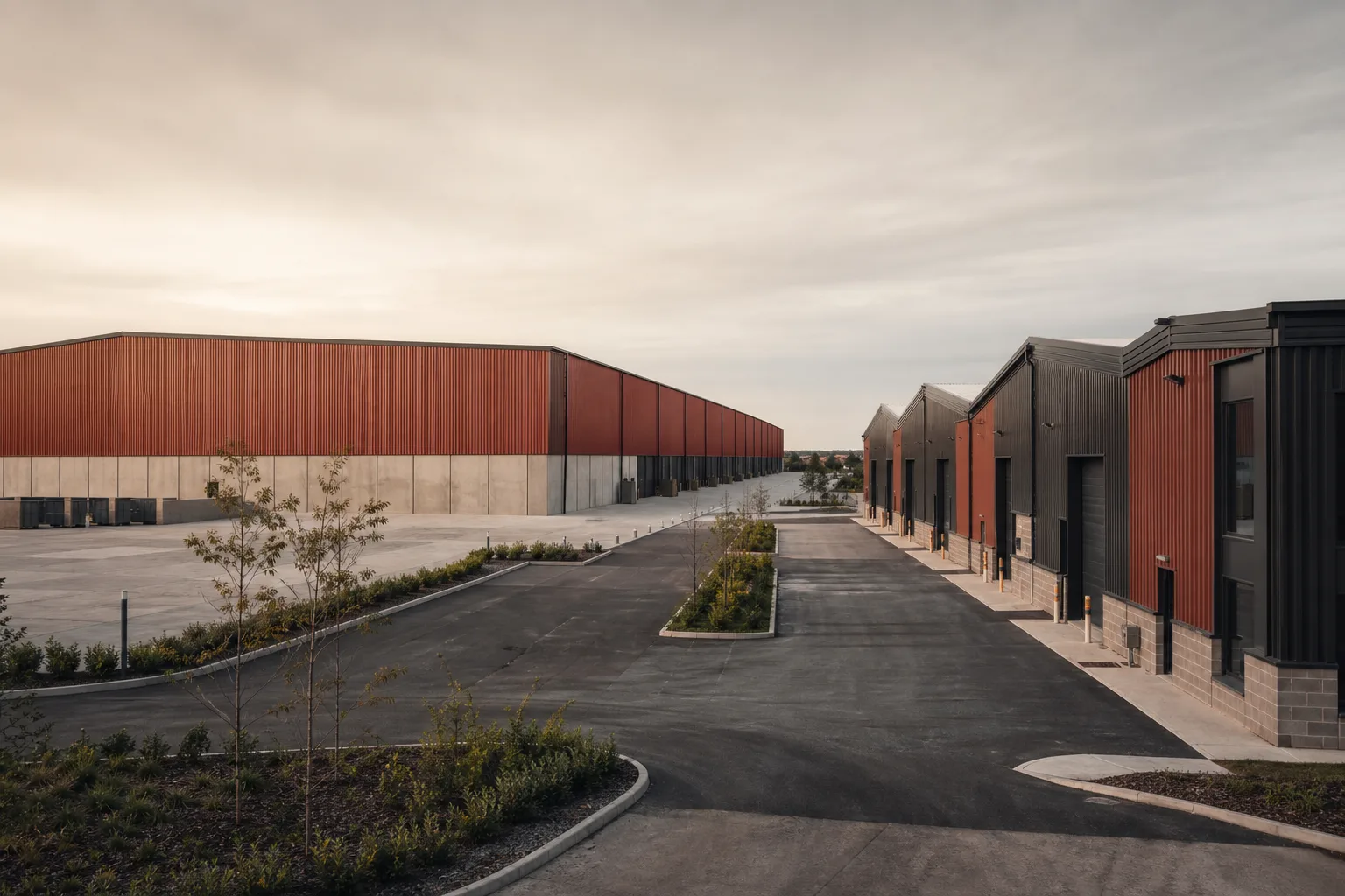 A large single-let big-box distribution shed beside a multi-let estate of smaller industrial units occupied by several tenants