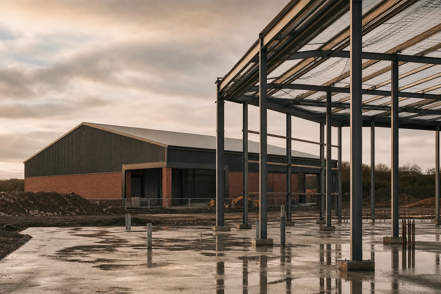 An industrial site part-built, illustrating the move from a purchase bridge to a development facility