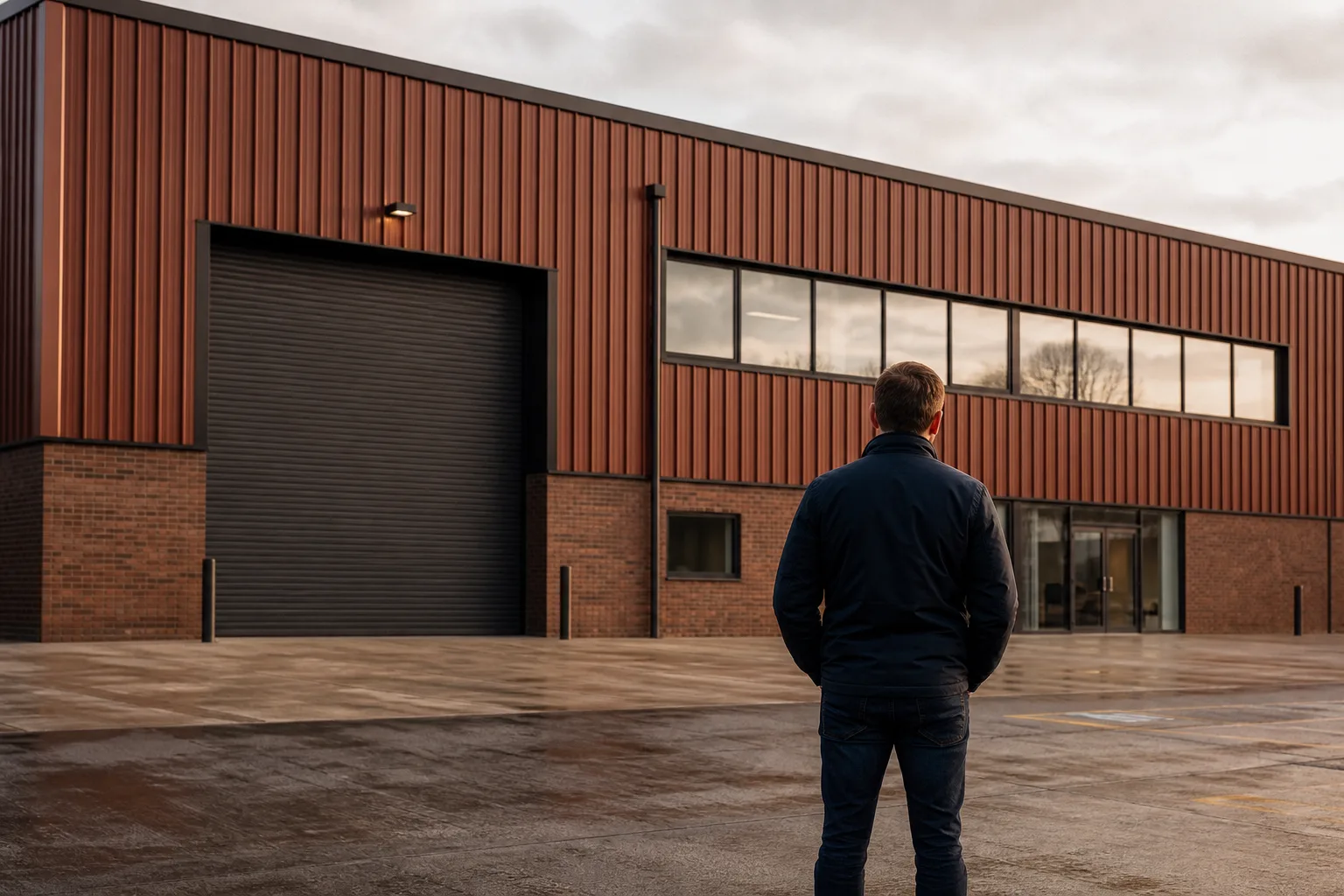 A business owner standing in front of the industrial unit their company trades from and has bought