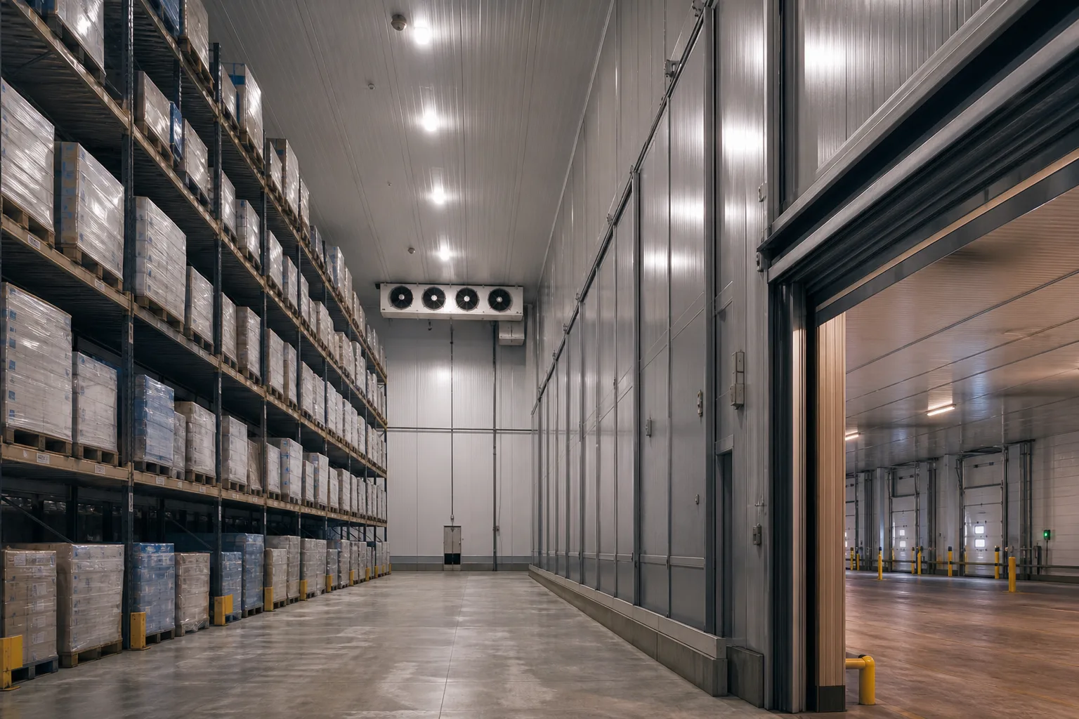 Inside a UK cold storage warehouse with frozen-goods racking and insulated walls under low temperature