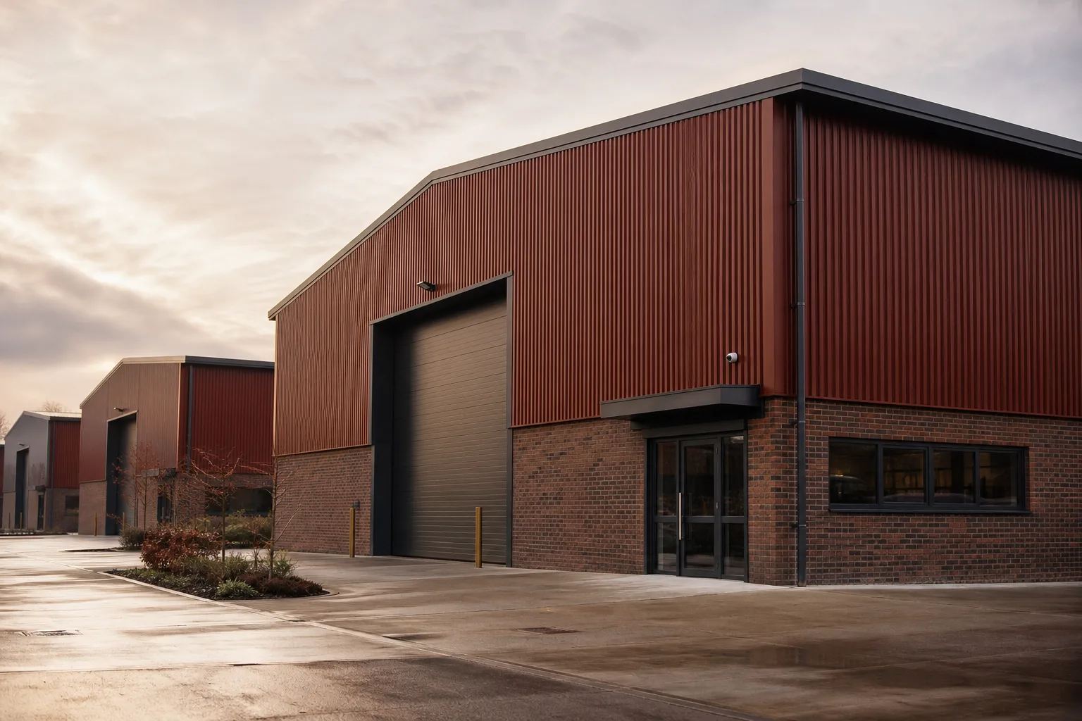 A modern UK industrial unit on an estate, the kind of asset whose total cost combines price, deposit, tax, fees and survey