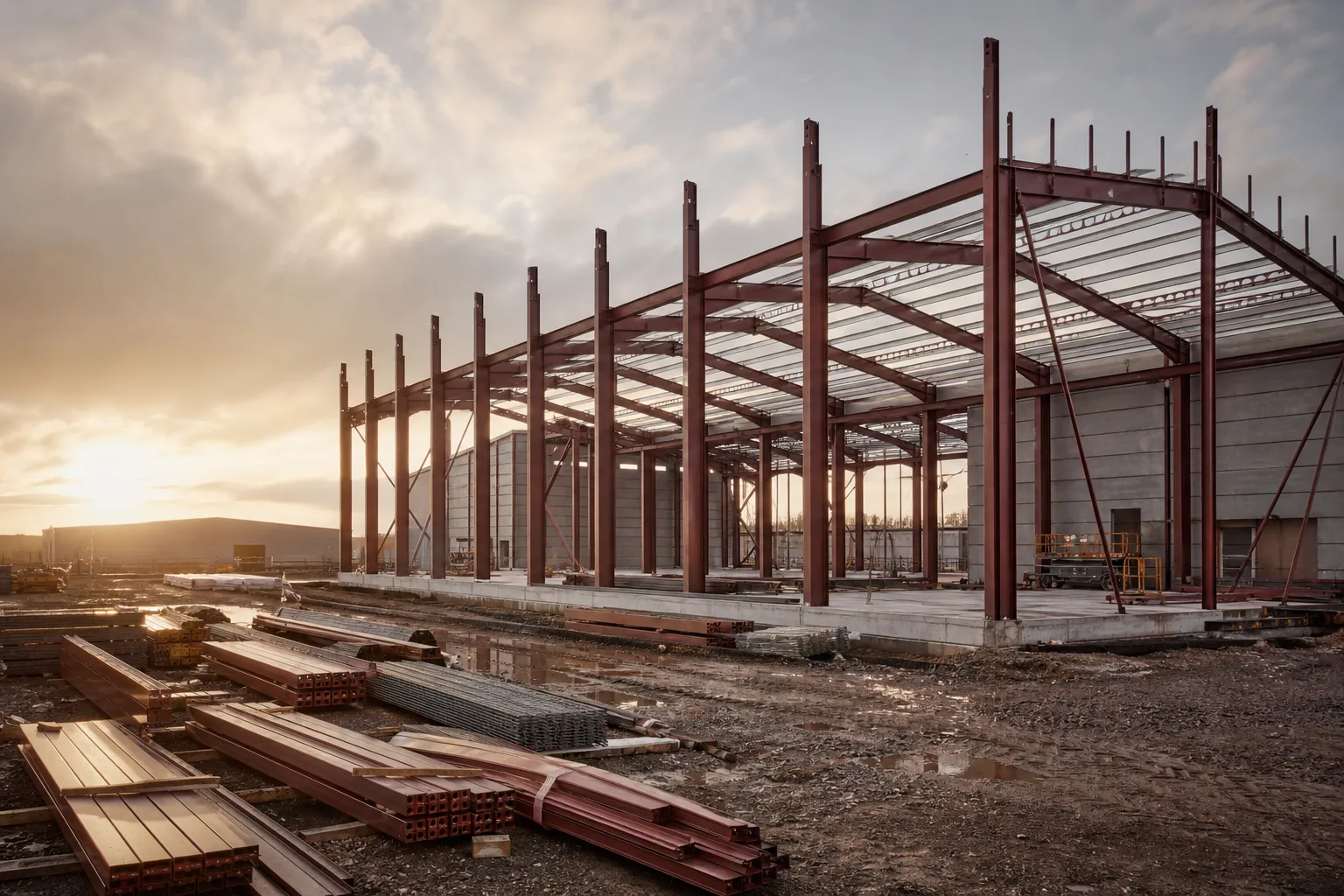 An industrial unit under construction with a steel portal frame going up