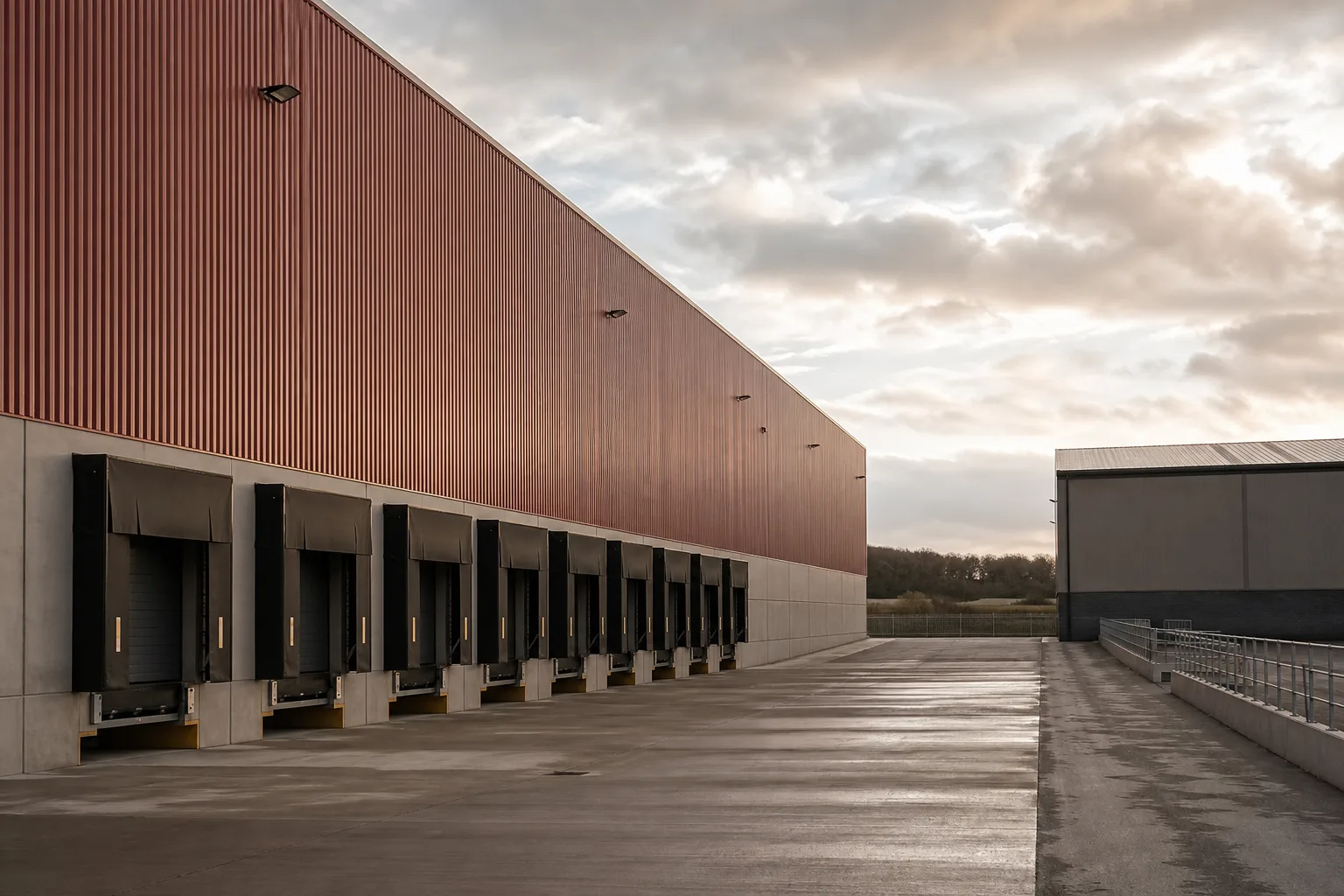 A distribution centre with a row of dock-level loading doors and deep service yard beside a simpler storage warehouse