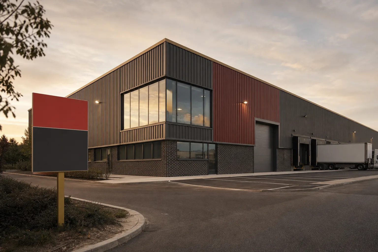 A UK distribution warehouse being financed, with a sold board, set against a logistics estate