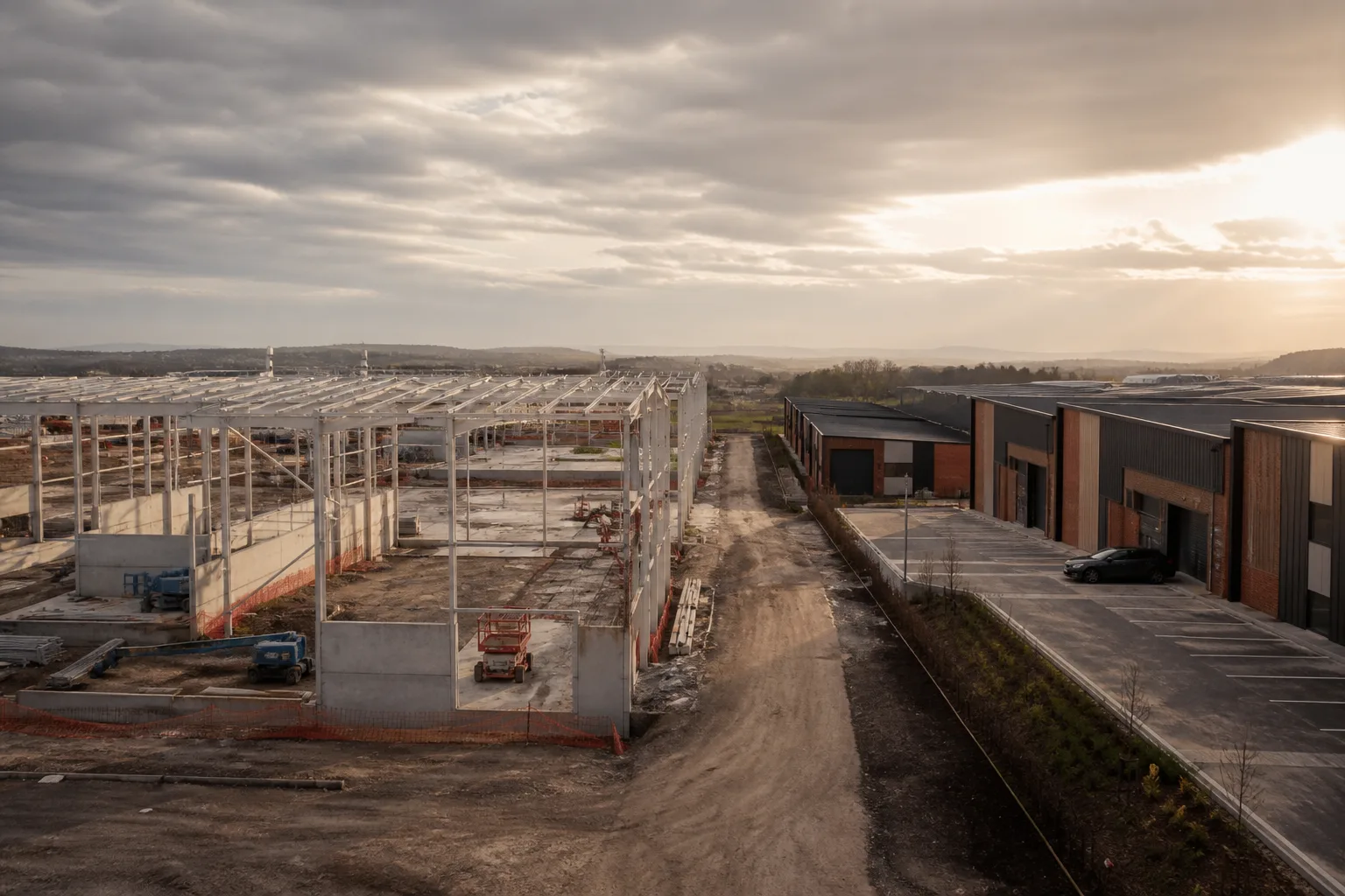 New industrial units under construction beside an established estate, the 2026 planning pipeline turning into future supply