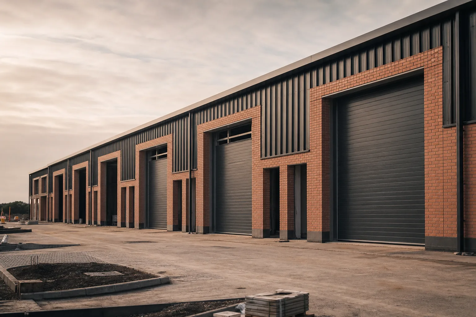 A terrace of new small steel portal frame industrial units under construction, each with its own roller shutter door
