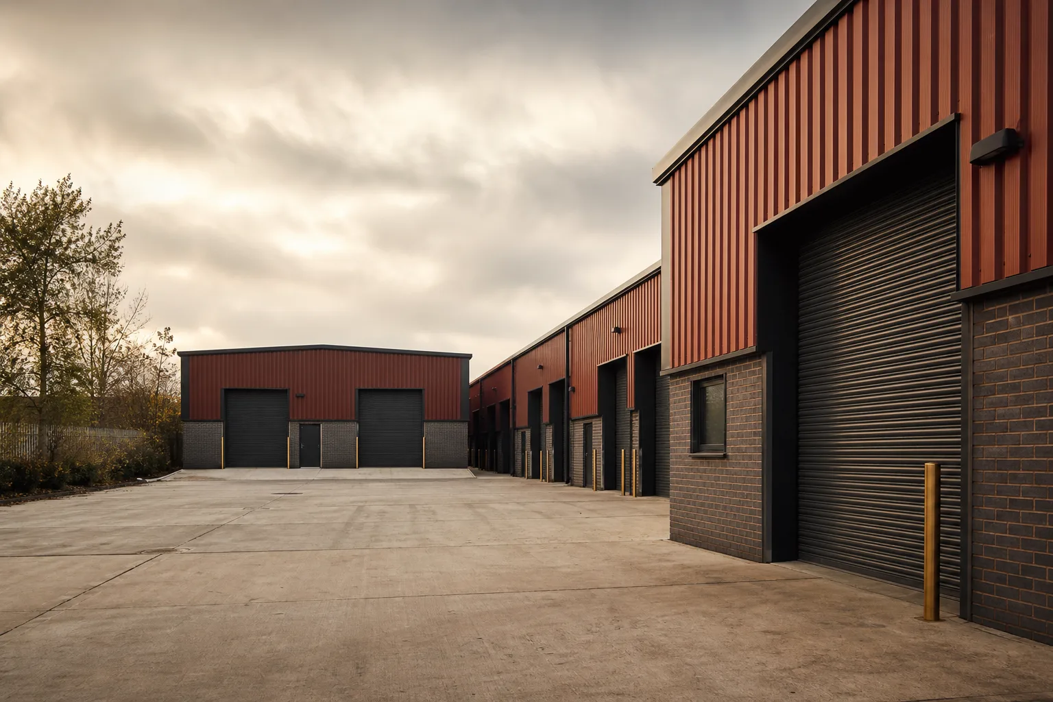 A terrace of small industrial units around a shared yard, the most numerous lot type on the market