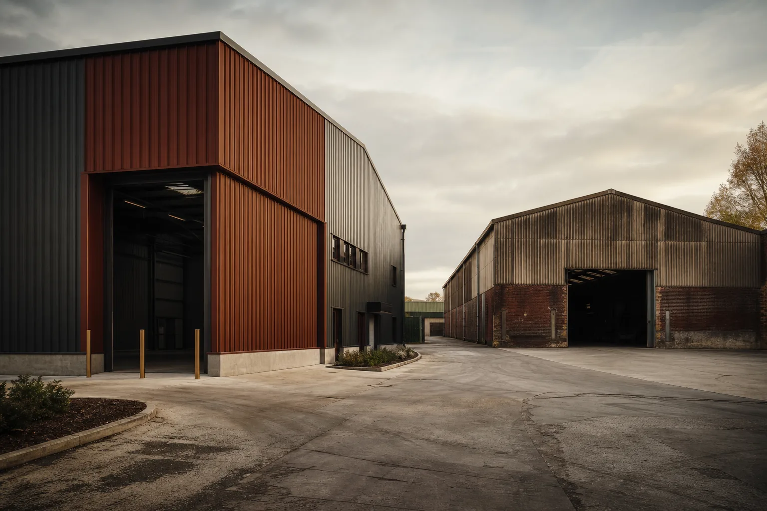 A modern new-build industrial unit beside an older second-hand warehouse, illustrating the buying choice