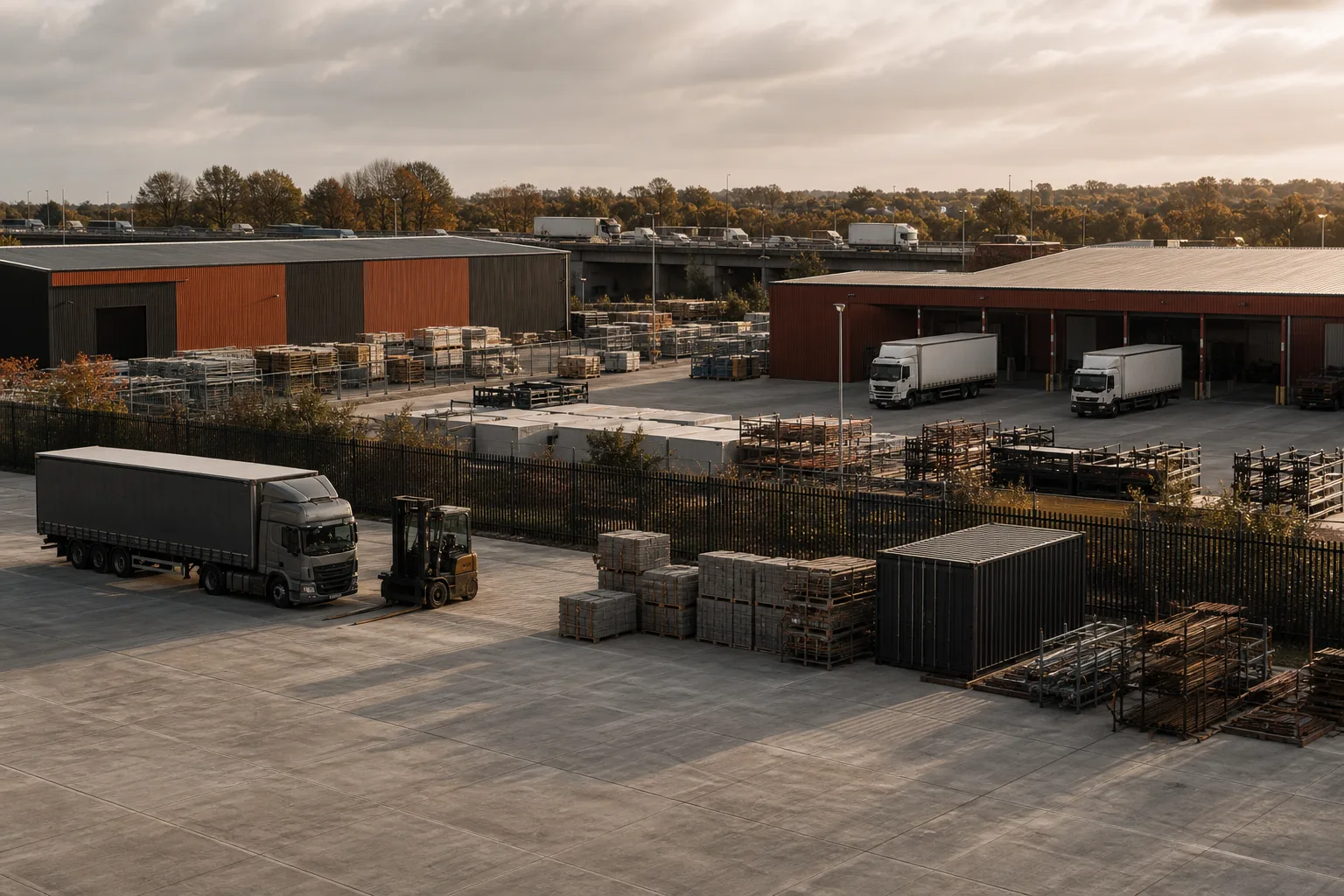 A surfaced, secured industrial open storage yard with lorries, containers and plant near a motorway corridor
