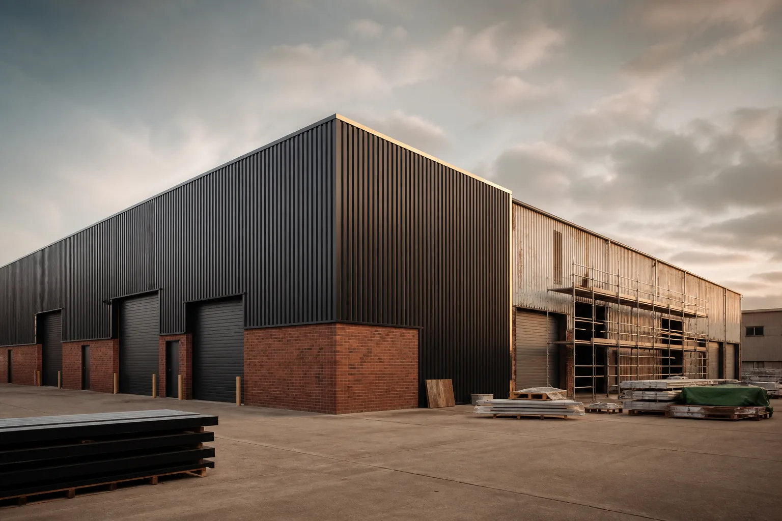 A 1980s industrial unit mid-refurbishment, with new overcladding to one elevation and the original tired cladding still visible on the other