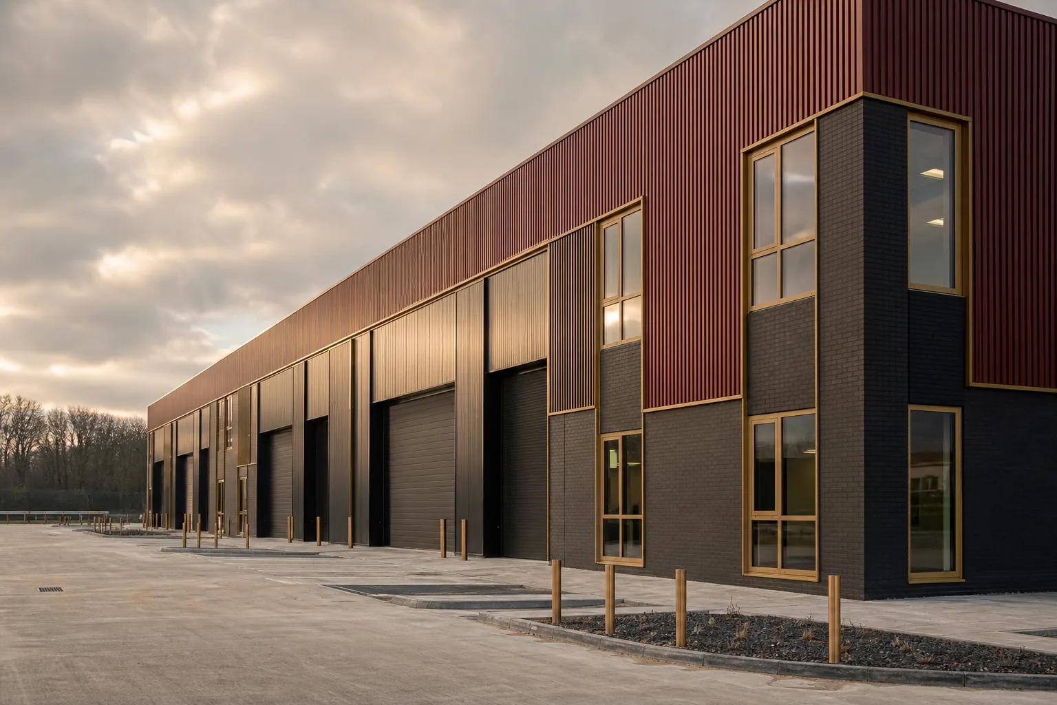 A newly completed speculative industrial estate awaiting tenants, the product of speculative development finance