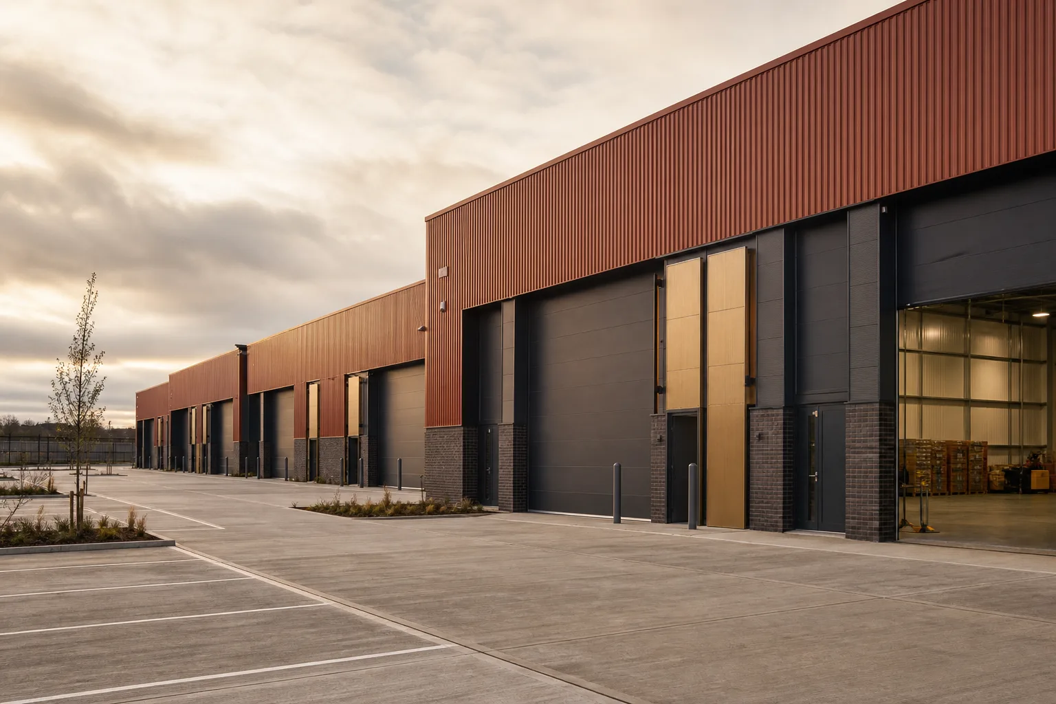 A modern UK multi-let industrial estate of let units near a motorway junction, the asset class behind the market data