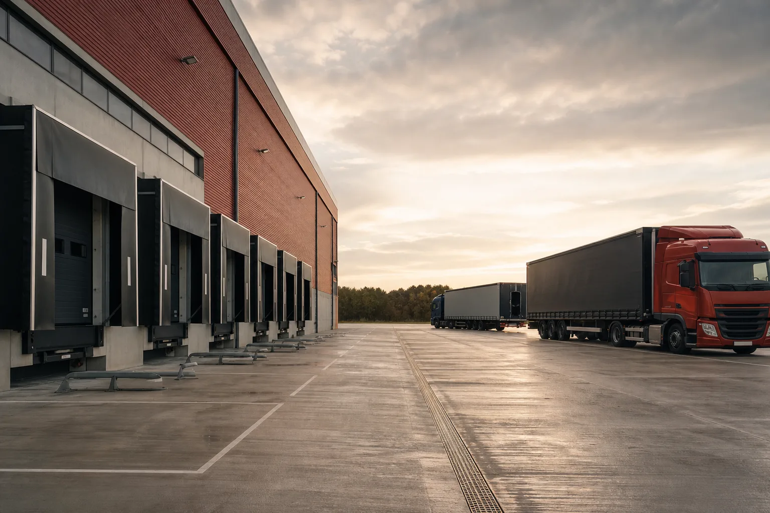 A large UK distribution warehouse with multiple dock-level loading doors and a deep service yard with articulated lorries