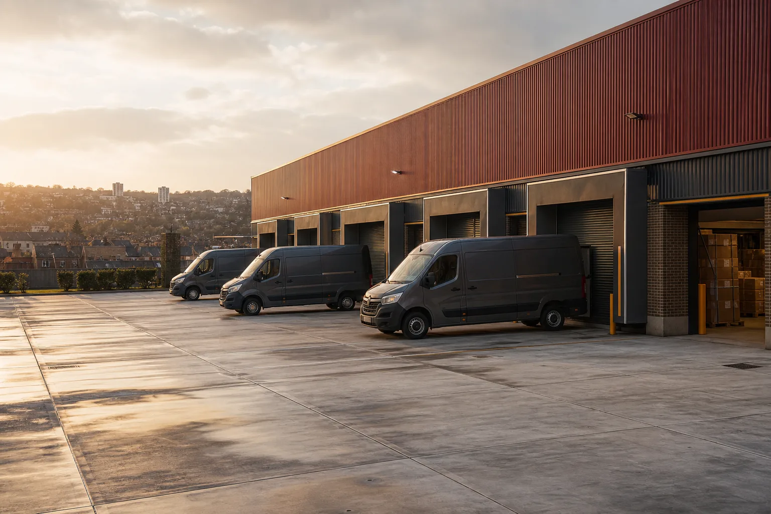 An urban last-mile logistics depot with delivery vans loading at the doors on the edge of a UK town