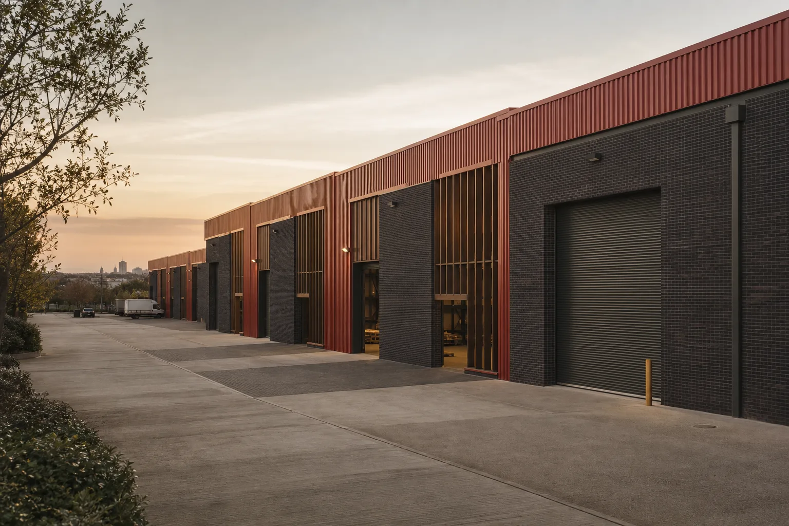 An urban logistics estate of warehouse units on the edge of a UK city serving local delivery and trade occupiers